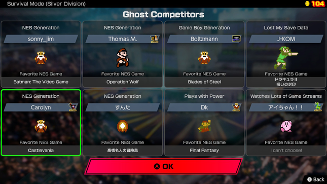 A screen showing the author's online profile and several "Ghost Competitors" in the survival mode of the game.